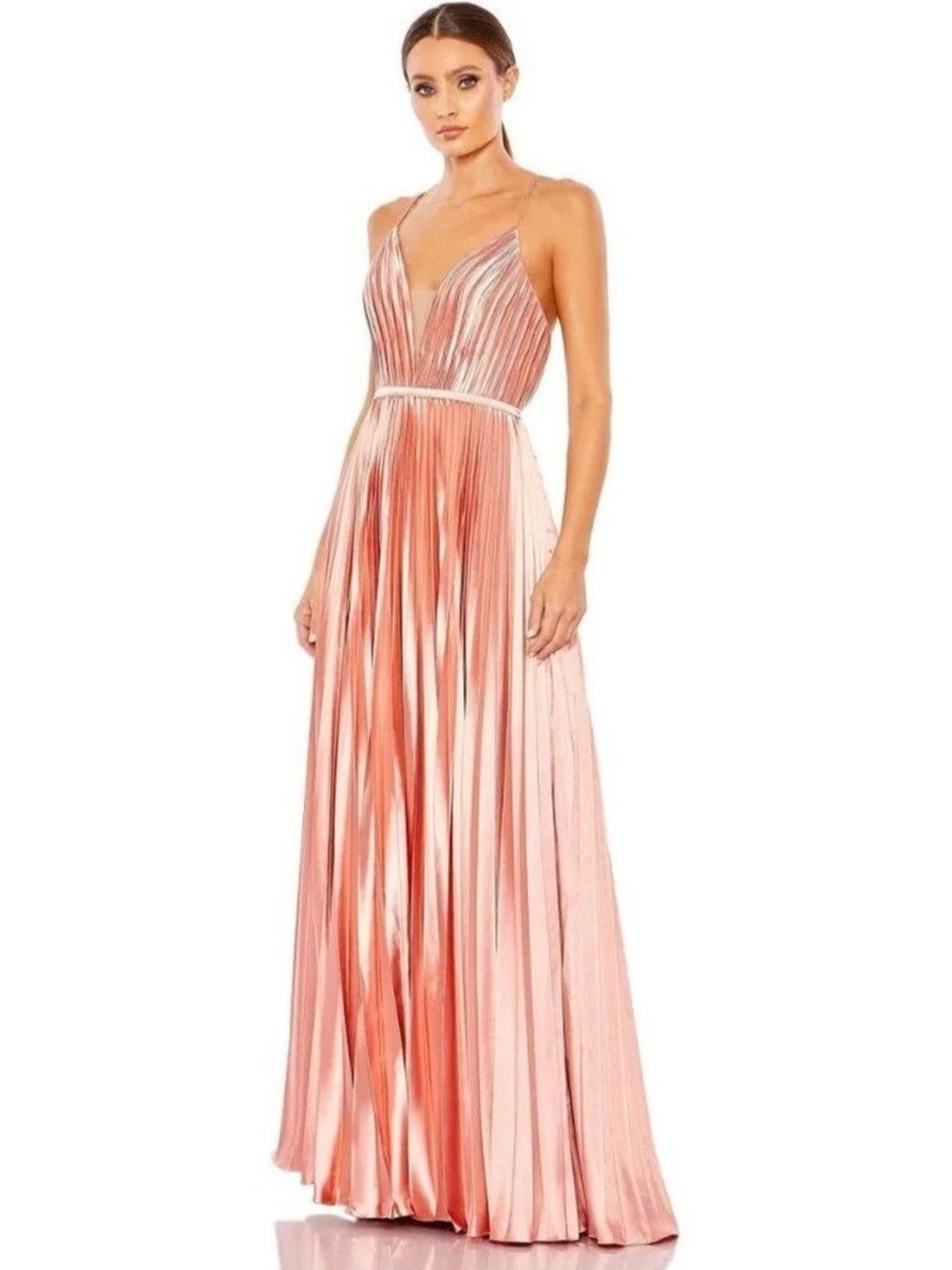 Blush Pink Pleated Satin Maxi Dress with Spaghetti Straps